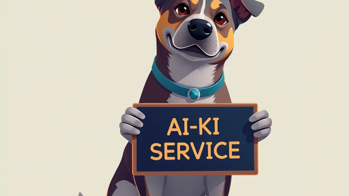 Hund mit Schild „AI-KI-SERVICE“ – Headergrafik zu: Pro One-Page SEO