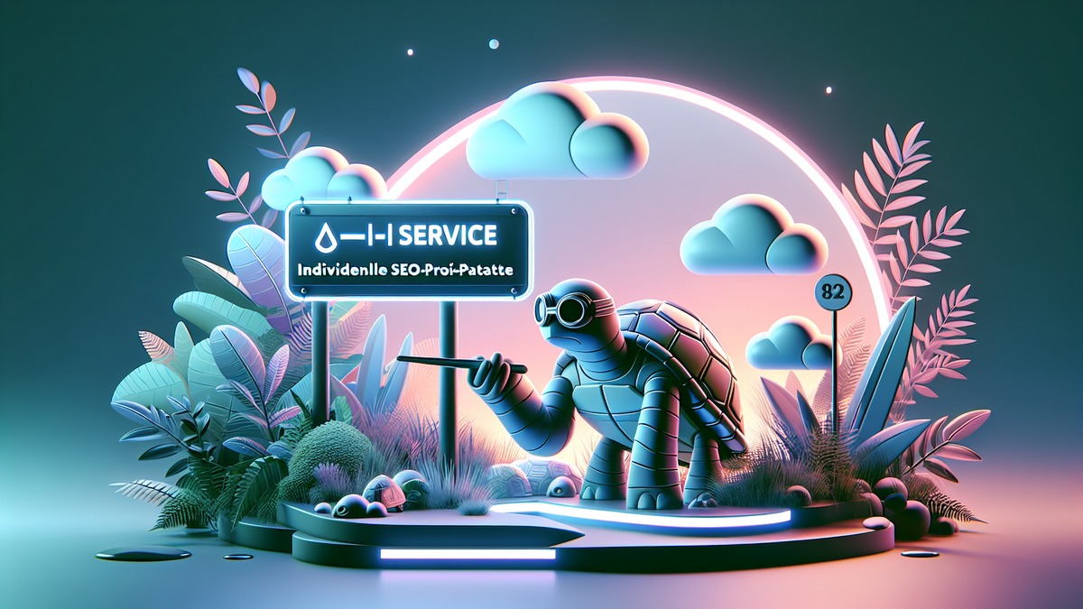 Schildkröte mit Schild „AI-KI-SERVICE“ – Headergrafik zu: SEO-Pakete für schnelle Ergebnisse und nachhaltigen Erfolg